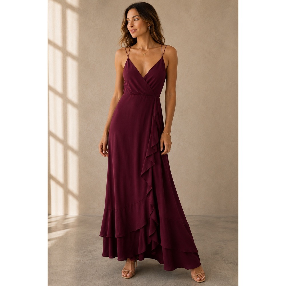 Lulus Women Maxi Dress S Burgundy Cascading Ruffles Lace Up Back 66642